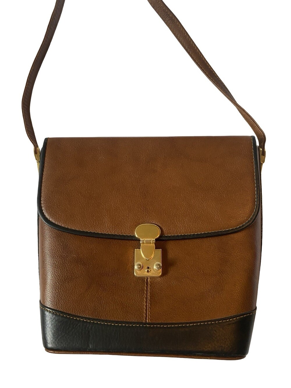Vintage Leather Hard Shell Crossbody Purse Bag Black and Brown